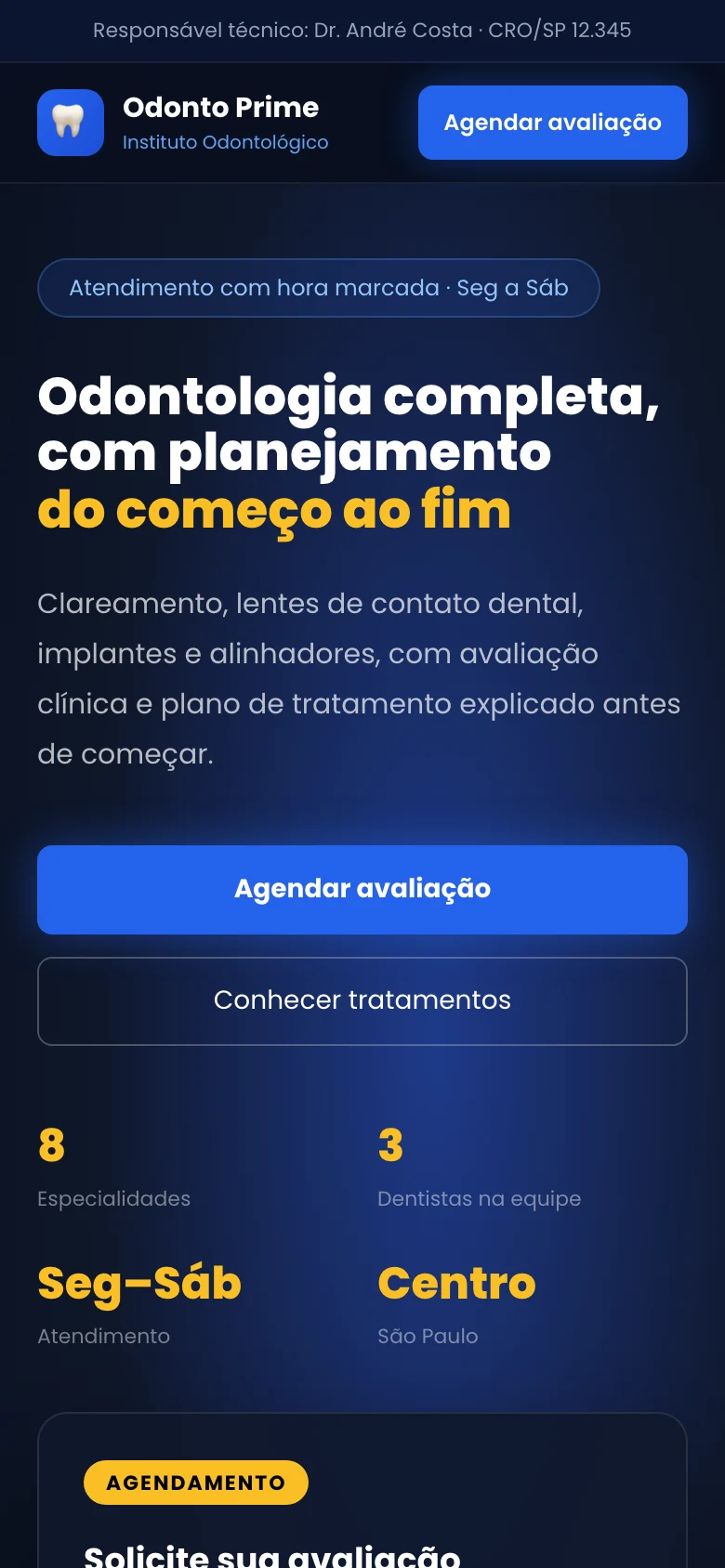 Instituto Odonto Prime: página inicial no celular
